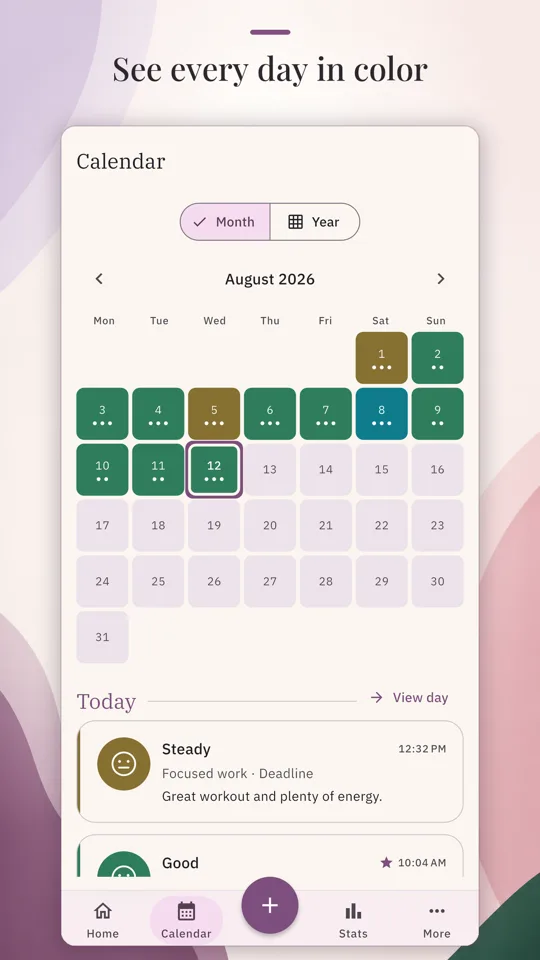 A Daylum Calendar mockup headed See every day in color, with the August 2026 Month view colored by mood, August 12 outlined, and journal entries below a View day link.