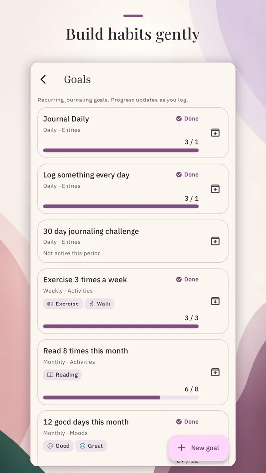 A Daylum Goals mockup headed Build habits gently, listing daily, weekly, and monthly goals with progress, several marked Done, and a New goal button.